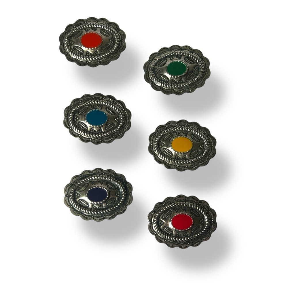 Vintage Silver Colorful Oval Metal Button Cover Western Concho Set